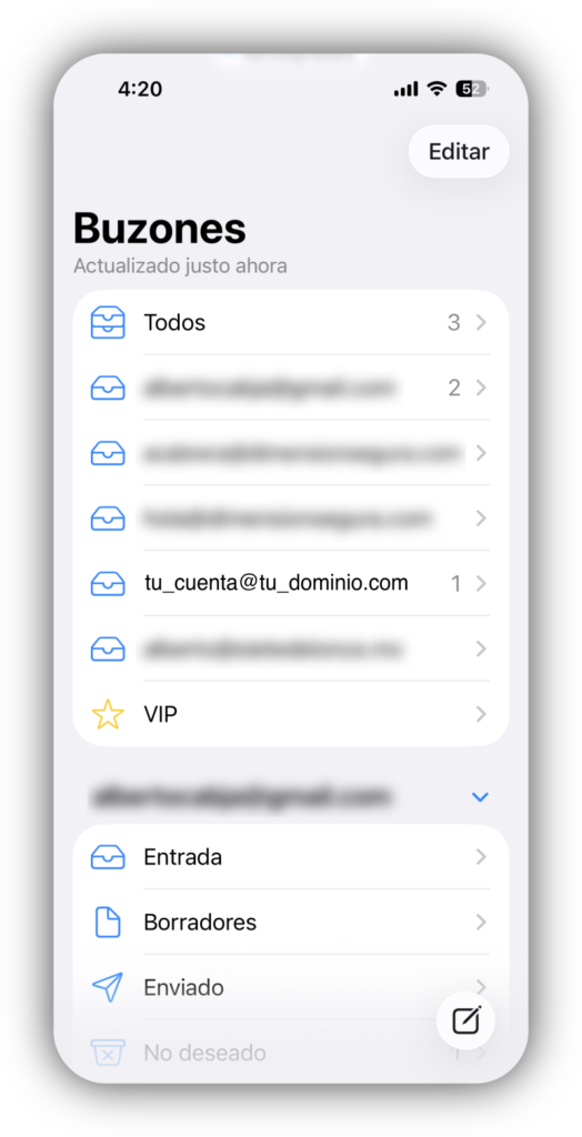 App Mail con el perfil instalado correctamente