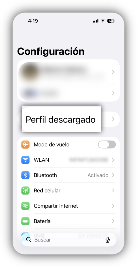 App Configuración con perfil descargado