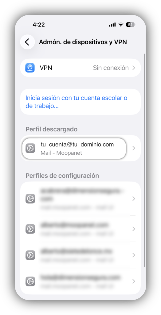 Pantalla de administración de perfiles en iPhone
